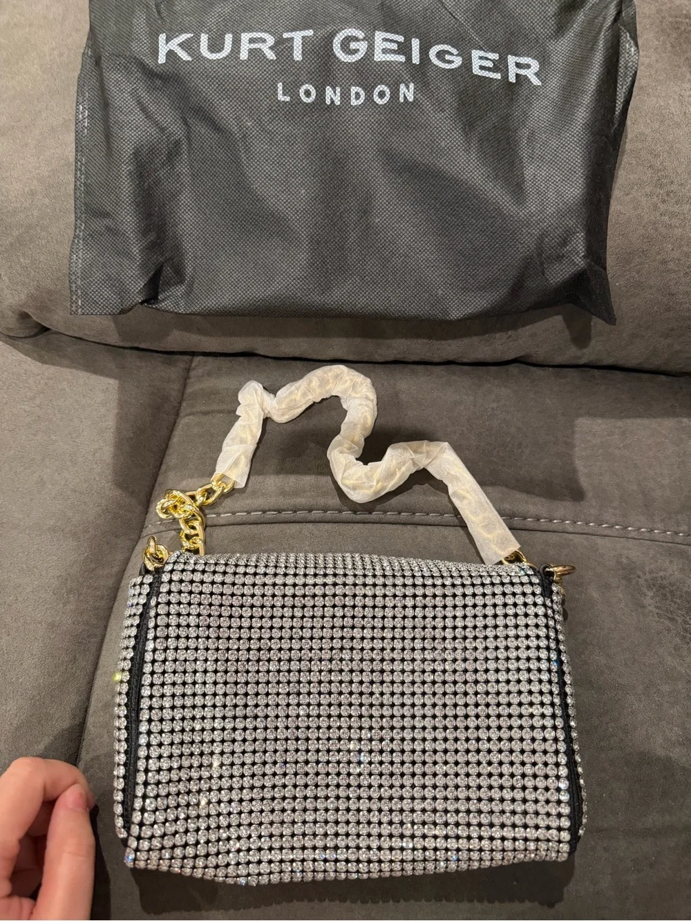 New Kurt Geiger Crystal-Embellished Black Shoulder Bag 8.5 inch by 6.5 inch